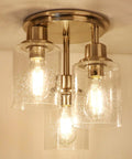 3 Light Semi Flush Mount Ceiling Light With Brushed Nickel Finish And Clear Seeded Glass Shades, modern industrial style