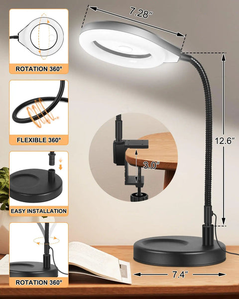 Gooseneck 2 In 1 Magnifying Glass With Light And Stand 10x And 5x Real Glass Lenses Desk Lamp with dimensions and features