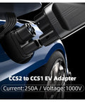 Smooth Plug And Play CCS2 To CCS1 DC Fast Charging Adapter Cranks Out 250kW Power showing connection to EV with 250A current.