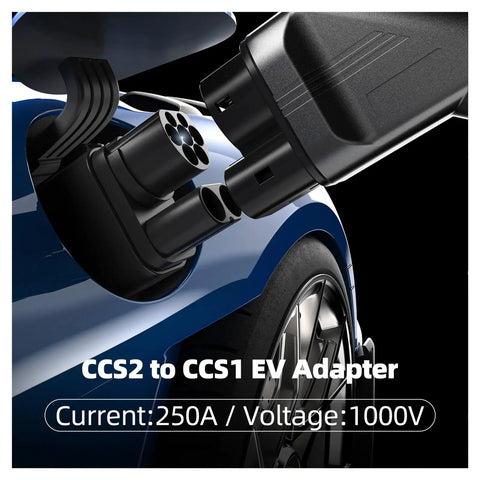 Smooth Plug And Play CCS2 To CCS1 DC Fast Charging Adapter Cranks Out 250kW Power showing connection to EV with 250A current.