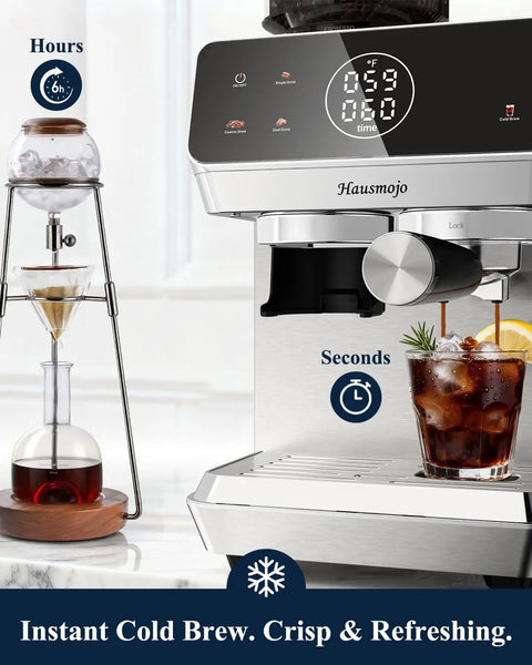 Twenty Bar Bean To Cup Espresso Machine With Built In Conical Burr Grinder Delivering Forty Four Precision Grind Settings And A Clever Touchscreen Interface For Game Changing Daily Latte Creations At Home with cold brew feature.