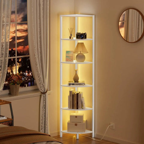 Six Tier Corner Shelf With LED Light, 67.5 Inch Tall White Narrow Bookshelf in living room corner with decor items
