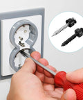 Person using screwdriver to fix an electrical outlet with two types of screws. M5 Nylon Spacer Kit 100Pcs Non Threaded ABS Round Spacers.
