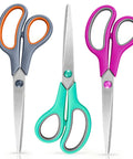 Three 8.5 Inch All Purpose Scissors Set For Office Home Sewing And Crafts With Soft Comfort Grip, multicolor handles, stainless steel blades.