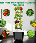 7 Layer 35 Pod Hydroponic Tower Garden System With 12V Pump indoors surrounded by images of fruits and vegetables.