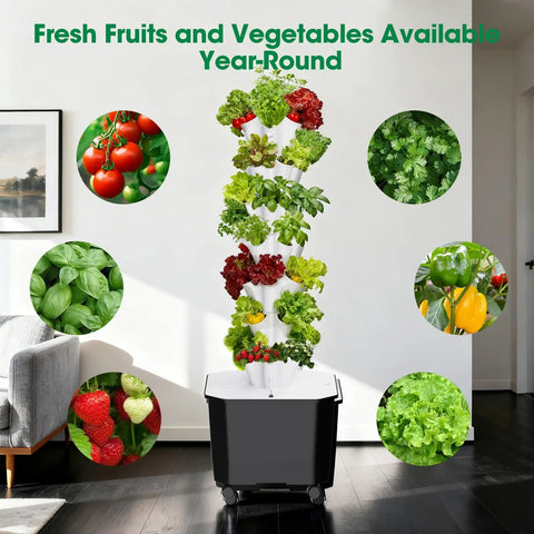 7 Layer 35 Pod Hydroponic Tower Garden System With 12V Pump indoors surrounded by images of fruits and vegetables.