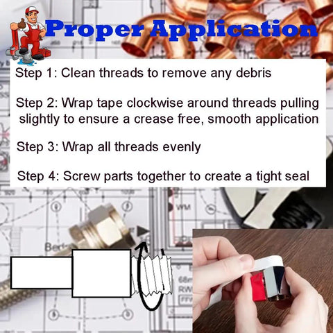 Instructions for using PTFE Pipe Thread Seal Tape Set 10 Rolls 1/2 Inch By 394 Inches Heavy Duty Pro Grade Teflon Tape for plumbing.