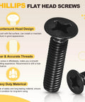 Phillips Countersunk Machine Bolt Set Size 8 32 By 3 4 Inch 50 Piece Stainless Steel 304 Flat Head Heavy Duty Hardware Kit Black Finish