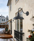 14 Inch Outdoor Gooseneck Barn Light With Wall Mount Black Industrial Exterior Fixture For Porch Farmhouse Garage And Patio Vintage Vibe Durable Matte Finish Easy Mount installed on a house wall
