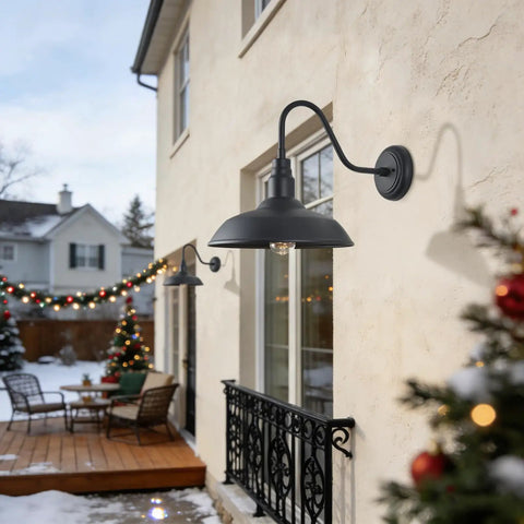 14 Inch Outdoor Gooseneck Barn Light Fixture Two Pack Black Matte Exterior Wall Sconce on porch with snow and decorations