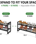 Expandable 2 Tier Metal Shoe Rack Stackable Closet Organizer Adjustable Entryway Storage Space Saver for Home Dorm Small Rooms, compact and expanded views.
