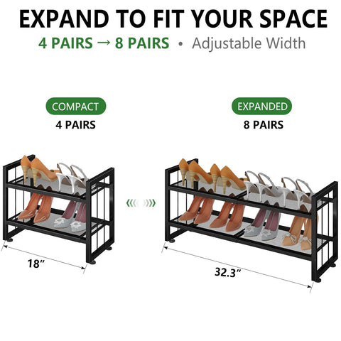 Expandable 2 Tier Metal Shoe Rack Stackable Closet Organizer Adjustable Entryway Storage Space Saver for Home Dorm Small Rooms, compact and expanded views.