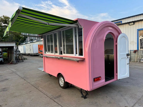Kickstart Your Street Vending Hustle With This Custom Mobile Coffee And Pastry Trailer Towable Commercial Kitchen with pink exterior and green awning.