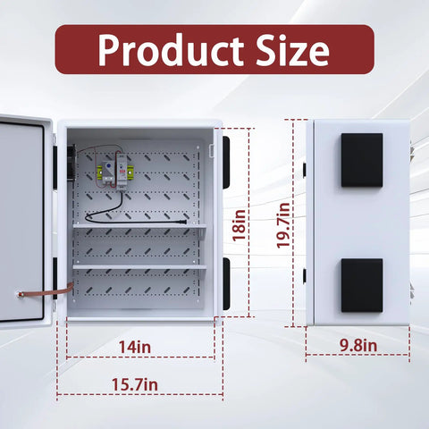 Beefy Vented Steel Electrical Enclosure Loaded With 12V Fan Thermostat Cooling Kit Nema 4X IP65 dimensions showing 18x14x9.8 inches.