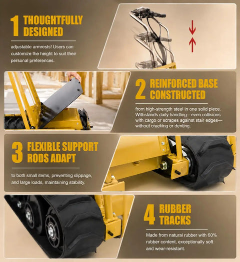 Beast Of A Foldable Electric Stair Climber Dolly For Stairs And Floors, 360 Degree Turn, Heavy Lifting Up To 880 Lbs, Long Life Battery, 850W Motor, Removable 48V Lithium Battery, Fast Charge, Low Energy Consumption, yellow stair climber dolly with adjustable armrests and rubber tracks