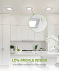 Modern kitchen with Six Pack 4 Inch LED Recessed Square Downlights With J Box Ultra Thin Canless Wafer 5 CCT in ceiling.