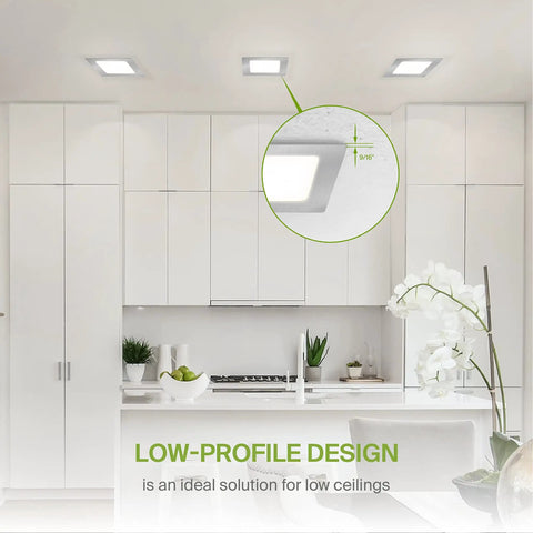 Modern kitchen with Six Pack 4 Inch LED Recessed Square Downlights With J Box Ultra Thin Canless Wafer 5 CCT in ceiling.