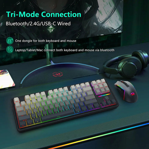 Wireless Mechanical Keyboard And Mouse Combo With Tri Mode Connectivity And Glowing Rgb Backlighting For Zero Cable Chaos And Sick Gaming Setups On Any Clean Office Desk In Matte Black showing RGB backlighting and tri-mode connection.
