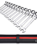 12 Piece Metric Ratchet Spanner Set With Flexible Head, Easy Grip Universal Wrenches, durable anti rust finish, roll-up case