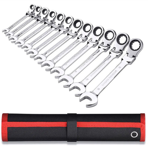 12 Piece Metric Ratchet Spanner Set With Flexible Head, Easy Grip Universal Wrenches, durable anti rust finish, roll-up case