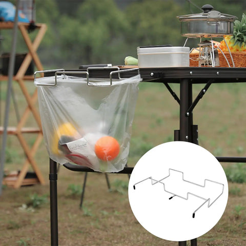 Sturdy Stainless Iron Trash Bag Holder Rack For Hanging Use Desktop Or Campin Dustbin Cage Garbage Bag Holder Bracket Durable Outdoor Cleanup Accessory Perfect For Campin Outdoor Events And Quick Cleanup Anywhere on table with cooking utensils