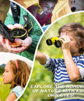 Children using Awesome Kids Outdoor Explorer Kit With Bug Catcher Gear including binoculars, compass, and whistle outdoors
