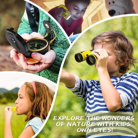 Children using Awesome Kids Outdoor Explorer Kit With Bug Catcher Gear including binoculars, compass, and whistle outdoors
