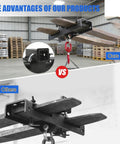 Heavy Duty Forklift Lifting Hook With 2 Inch Receiver Hitch attached to forklift forks in warehouse, showing dual fork mounted lifting and towing attachment.