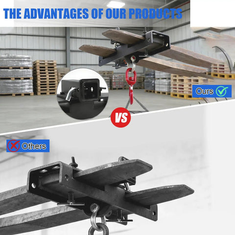 Heavy Duty Forklift Lifting Hook With 2 Inch Receiver Hitch attached to forklift forks in warehouse, showing dual fork mounted lifting and towing attachment.
