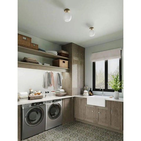 Carisa Collection 7 3/8 Inch One Light Flush Mount For Hallways And Bathrooms with white glass globe in laundry room.