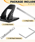 Heavy Duty Two Hole Punch Workhorse With 50 Prong Fasteners Padded Grip Handle 30 Sheet Capacity shown with included paper guide and fasteners
