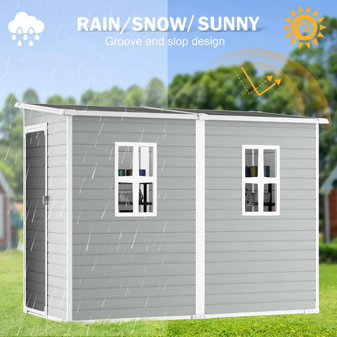 4x8 Foot Resin Lean To Shed With Floor, Waterproof Outdoor Storage Shed, Lockable Door And Window, Grey, in rain