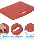 Close-up and features of Anti Fatigue Standing Desk Floor Mat For Home Office Kitchen Garage Red 18x22 Inch Rubberized Gel Foam.