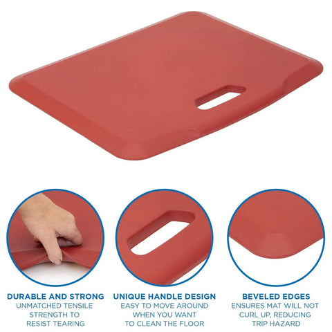 Close-up and features of Anti Fatigue Standing Desk Floor Mat For Home Office Kitchen Garage Red 18x22 Inch Rubberized Gel Foam.