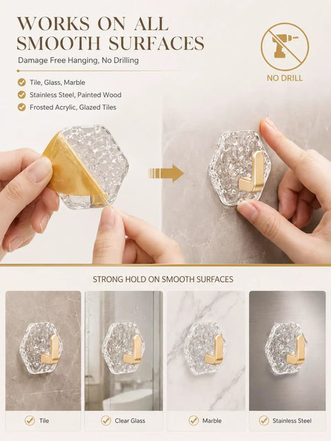 Heavy Duty Adhesive Wall Hooks With Rock Solid Grip on tile, showcasing hexagonal ripple texture and no-drill application.