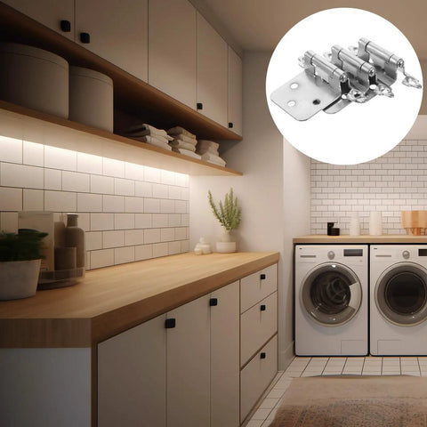 16 Piece Kitchen Cabinet Door Hinges Brushed Nickel Spring Loaded Self Closing Soft Close Dampers shown in modern laundry room