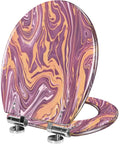 Slow Close Elongated Toilet Seat for Bathroom with purple and gold marbled design, featuring chrome hinges.