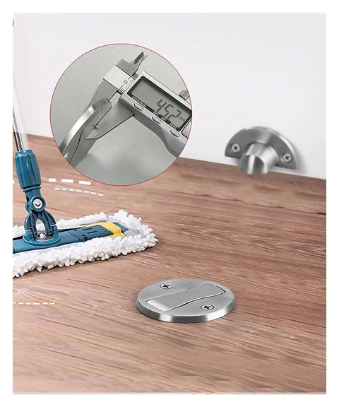 Solid Green Bronze Magnetic Door Stopper Wall Or Floor Mounted Catch For Homes Offices, shown with measuring tool and mop.