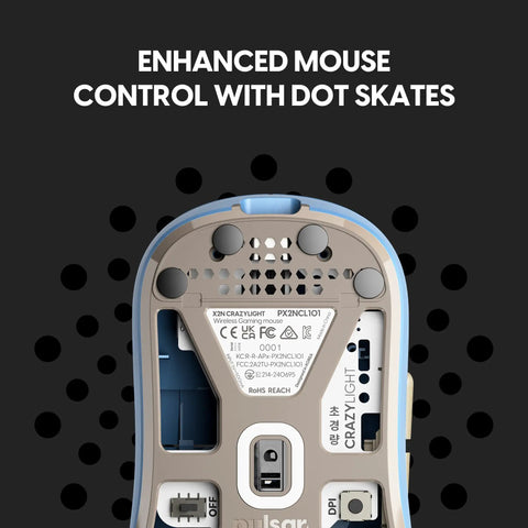 Ultra Lightweight Wireless Gaming Mouse Featuring CrazyLight Tech Featherweight 39g Build underside view with dot skates for enhanced control.