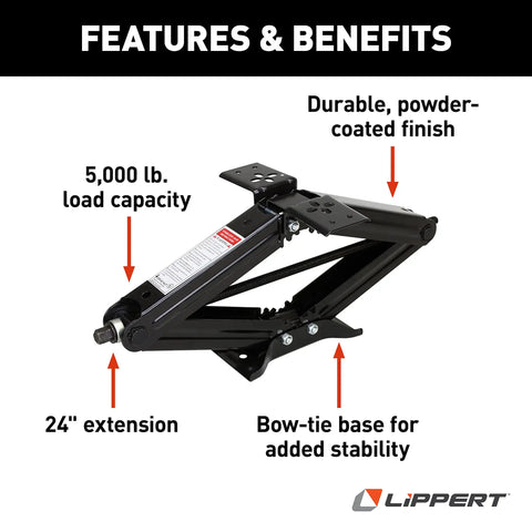 Built Tough Manual RV Scissor Jack Kit For Travel Trailers And Fifth Wheels Delivers Five Thousand Pound Capacity close-up image highlighting features.