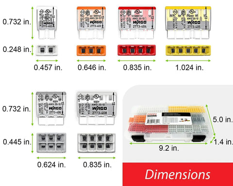 125 Piece Push In Wire Connector Assortment Kit With Case For Solid And Stranded Conductors Great For Fast Splices dimension guide