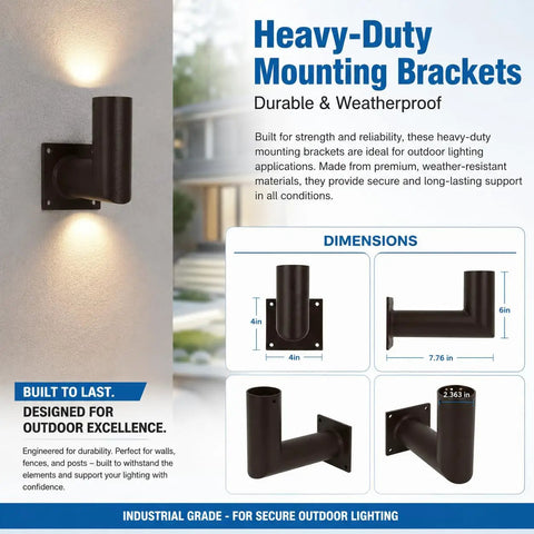Heavy-duty bronze 90 Degree Adjustable Wall Mount L Shape Bracket for Two And Three Eighths Inch Slip Fit LED Lights with dimensions.