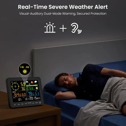 All In One Wireless Weather Station For Indoor And Outdoor Use With Rain Gauge, Wind Speed, Forecast, 6.5 inch display on table beside sleeping man