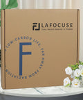 LAFOCUSE brand packaging box with logo on cardboard, nestled among decorative flowers on a table.