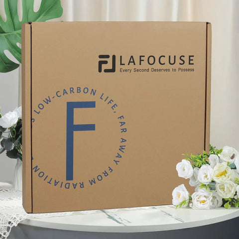 LAFOCUSE brand packaging box with logo on cardboard, nestled among decorative flowers on a table.