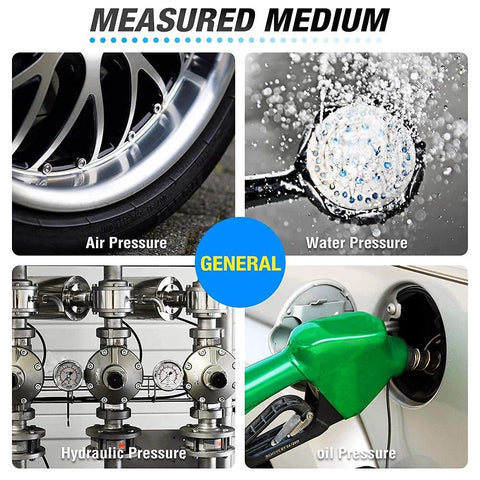 Liquid-filled stainless steel pressure gauge, 0–100 psi, 2.5 inch dial, 1/4 inch NPT; collage showing air, water, hydraulic, and oil pressure gauges.