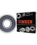 4 Pack 6000-2RS Double Rubber Seal Bearings 10x26x8mm with Chrome Steel Core next to Timken box