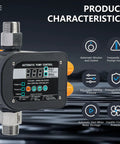 Plug Play Smart Pump Controller With Auto Water Level And Flow Tracking Digital Readout, close-up of digital display and fittings.