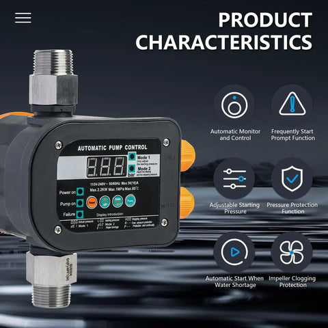 Plug Play Smart Pump Controller With Auto Water Level And Flow Tracking Digital Readout, close-up of digital display and fittings.