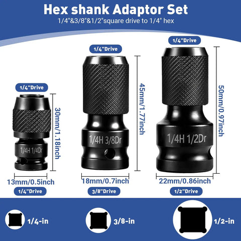 3-Piece Quick Release Impact Bit Holder Set 1/2 Inch, 3/8 Inch, 1/4 Inch Square Drive To 1/4 Inch Hex Shank Adapter sizes shown